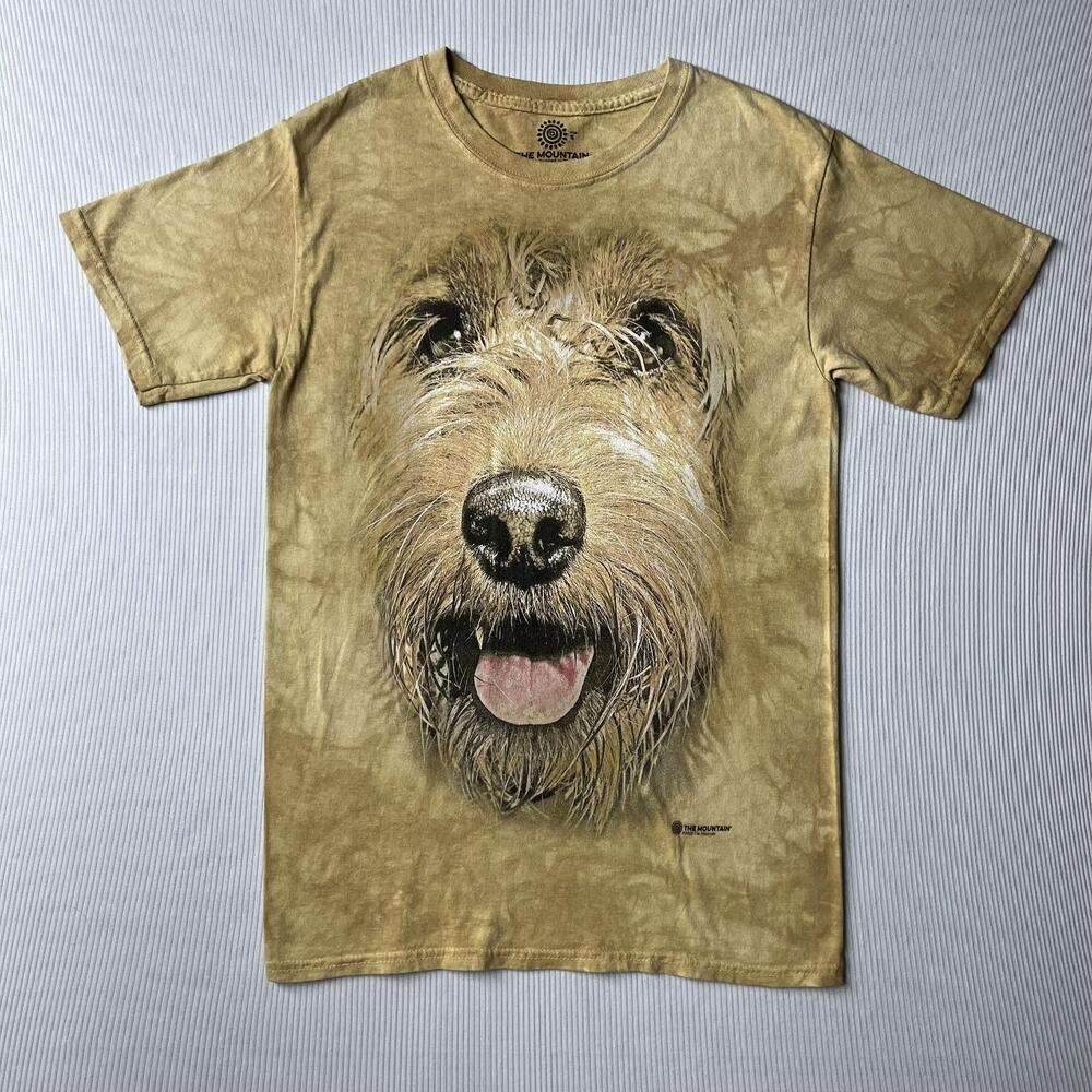The Mountain Shirt Mens S Beige Dog Big Face Animal Graphic Tie Dye Tee Top